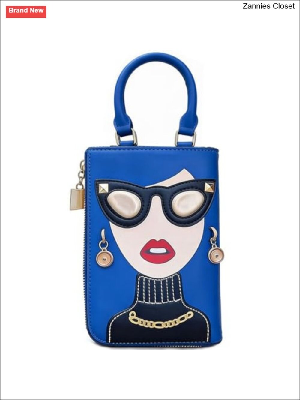 PU Leather Satchel Handbag with 3D Lady Face Charm and Gold Plated Accents